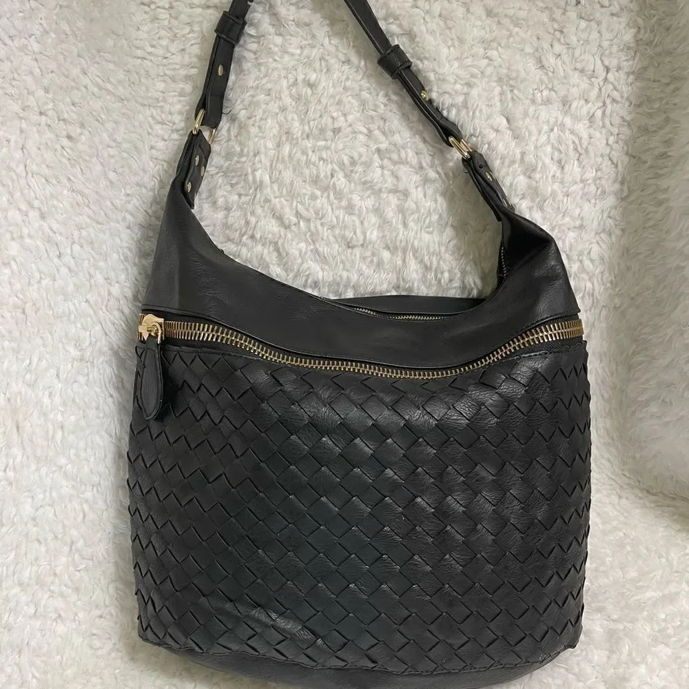 Madison West black faux leather basket weave large hobo bag gold tone hardwares